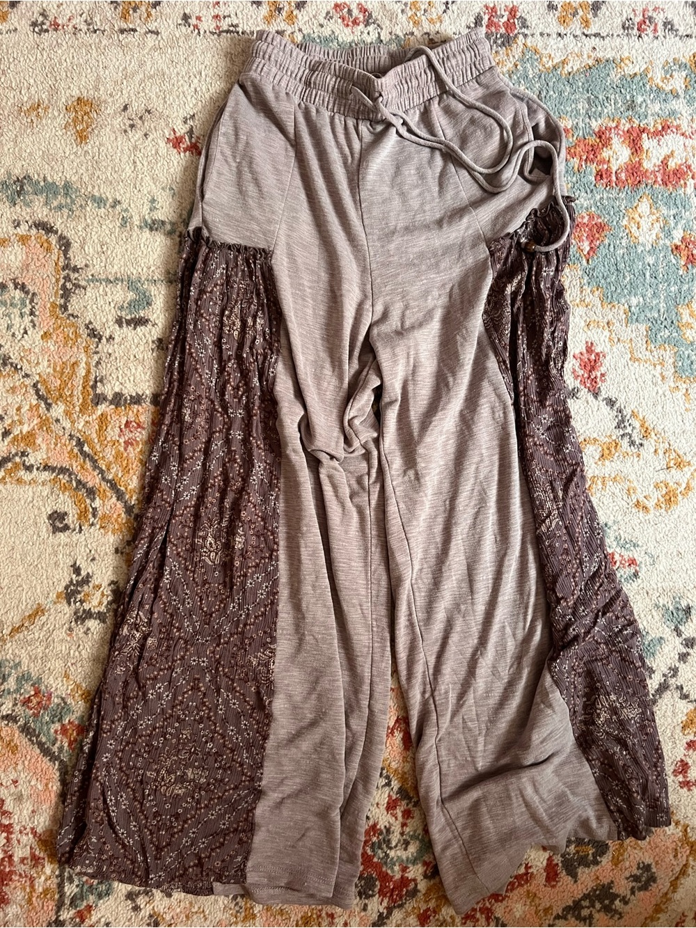 Three Bird Nest Taupe Wide Leg Pants with Brown Paisley Panels